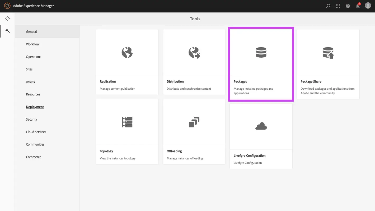 The Packages screen under Tools → Deployment in AEM