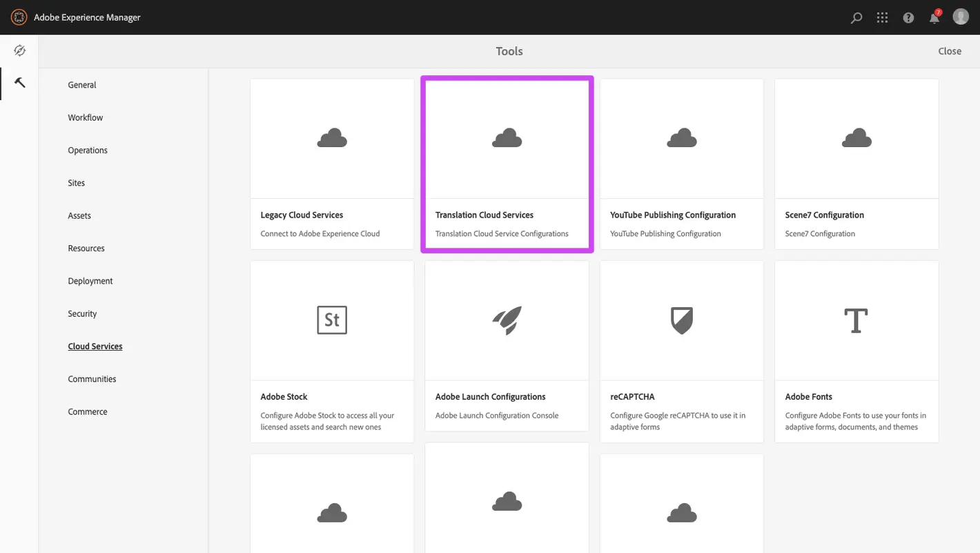 Translation Cloud Services under Tools → Cloud Services in AEM