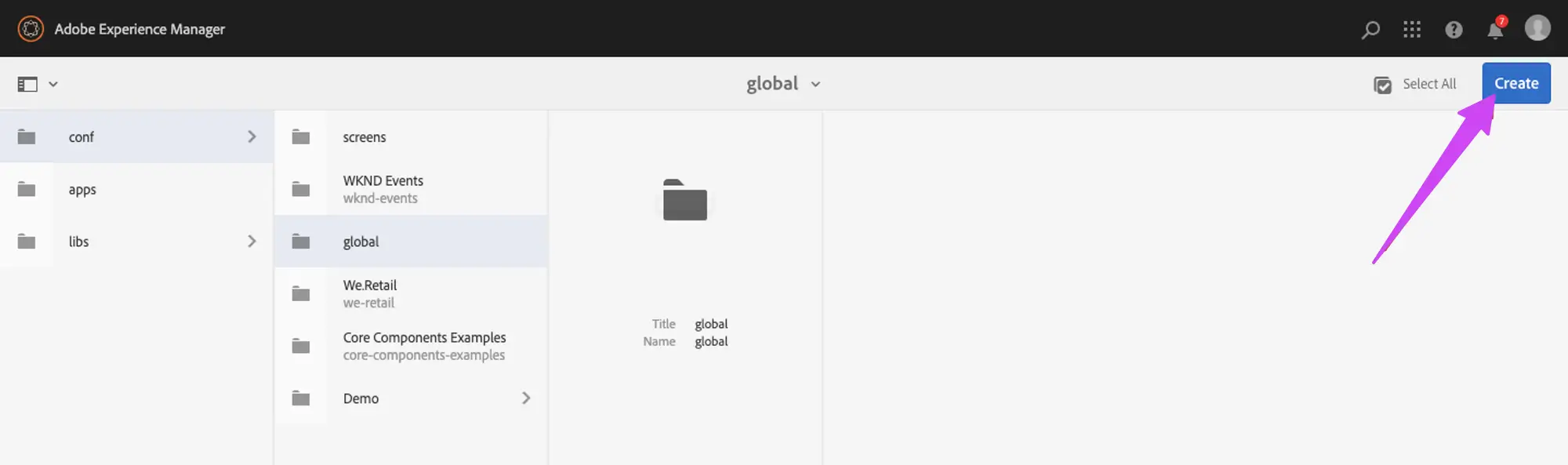 The Create button in the conf → global folder of Translation Cloud Services