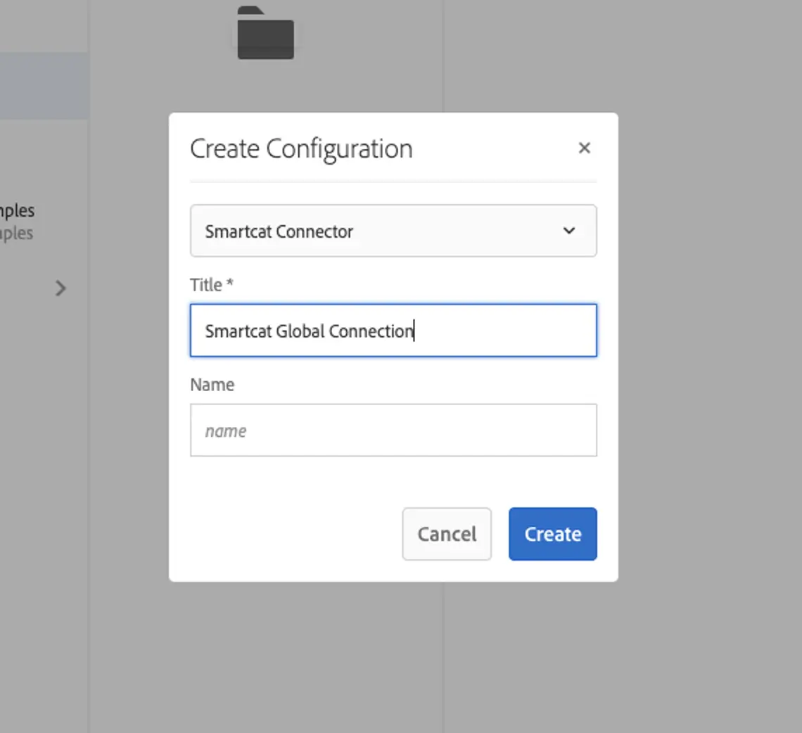 The configuration dialog with Smartcat Connector selected in the dropdown list