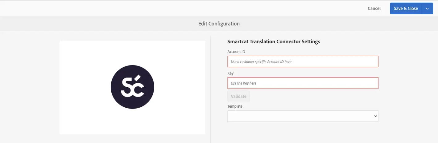 The Account ID and API Key fields in the Smartcat connector configuration settings
