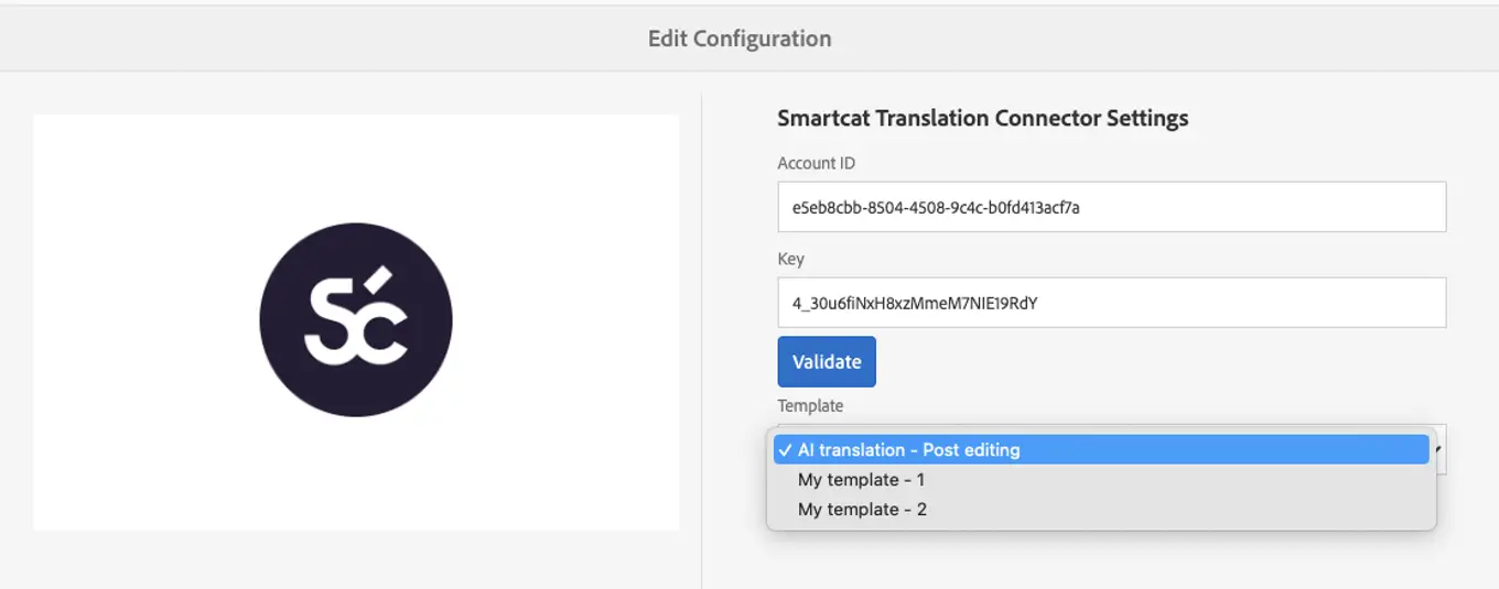 The project template selection showing the AI translation - Post editing workflow