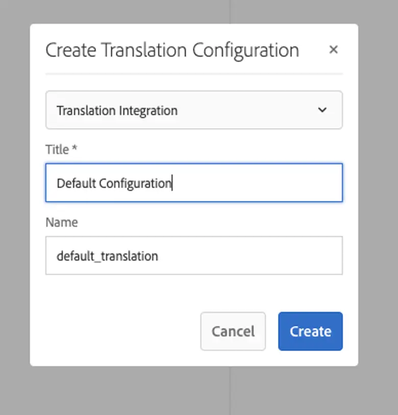 The Translation Integration form with the Title and Name fields