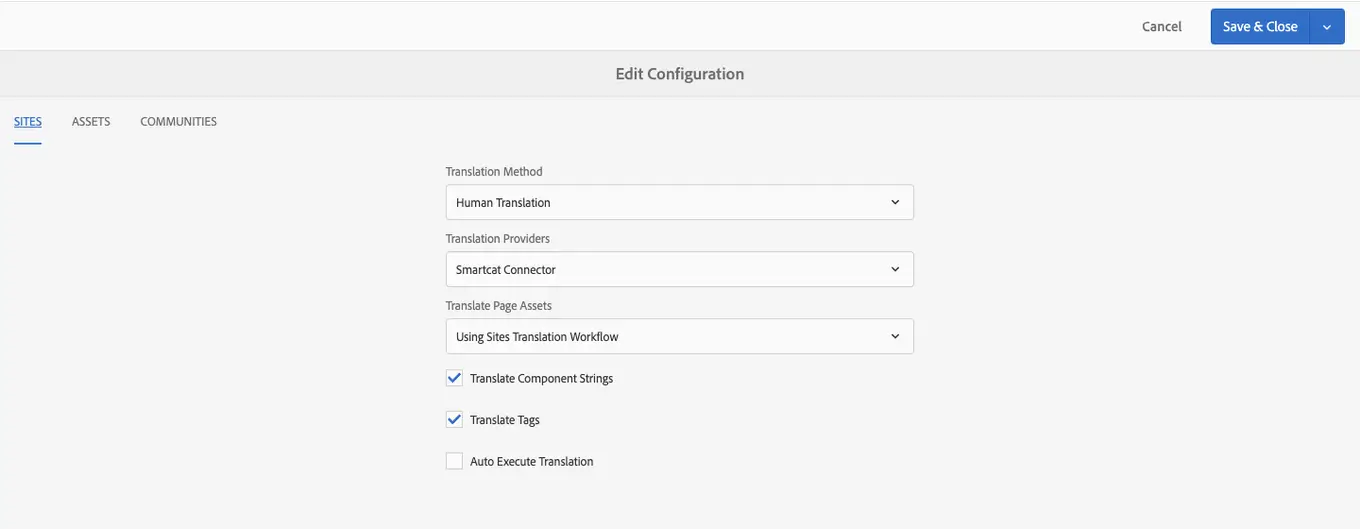 The translation settings tabs with the Smartcat connector selected as provider