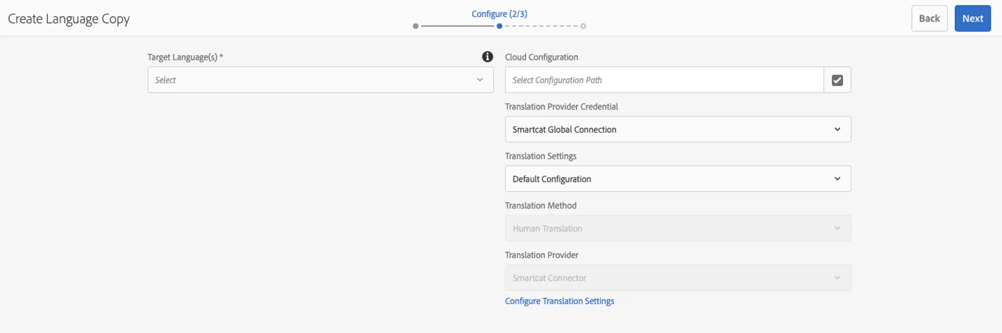 Creating a language copy of site pages using the global Smartcat configuration