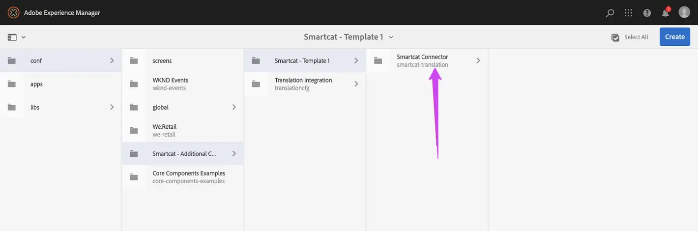 Creating a connector configuration under the selected Smartcat connection path