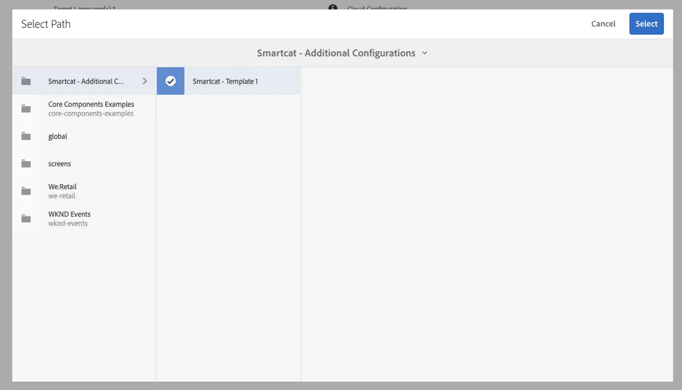 The path selection dialog with the Smartcat connector configuration highlighted