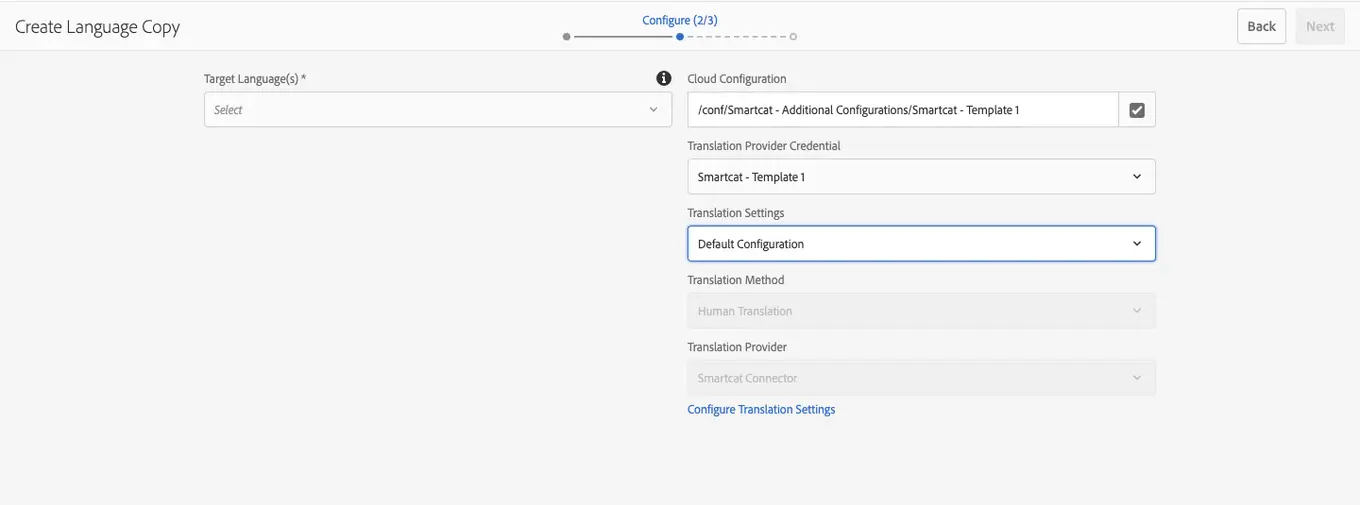 The translation settings showing the selected Smartcat configuration