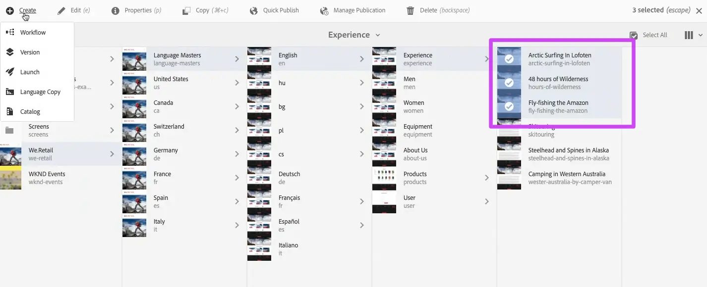 AEM site structure with pages selected
