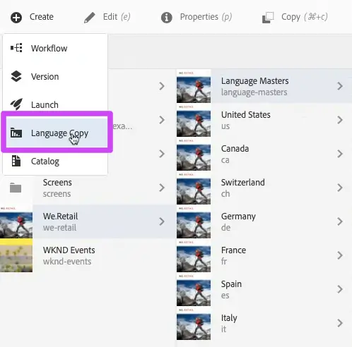Create menu showing the Language copy option