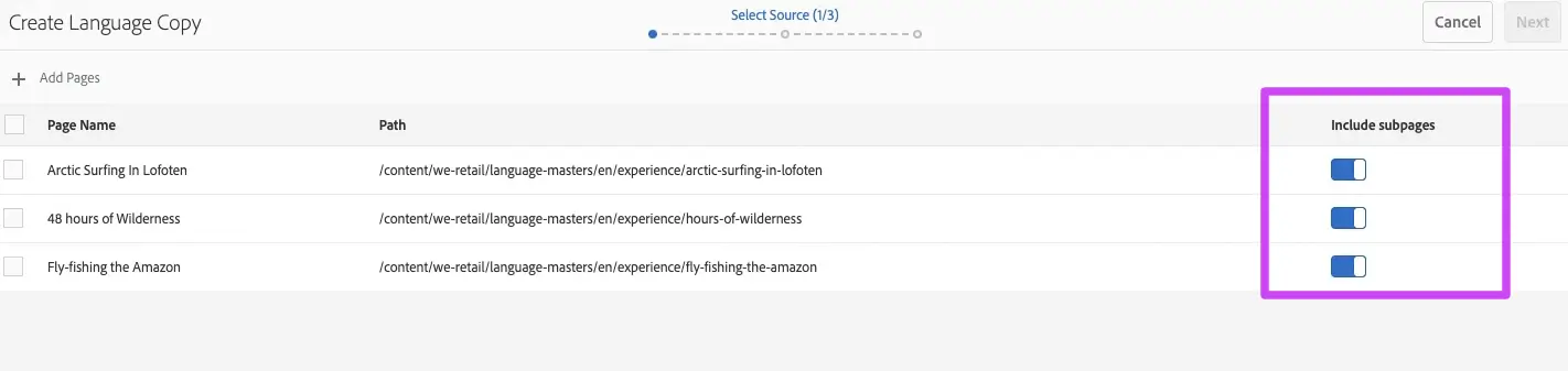 Page selection window with the subpages toggle
