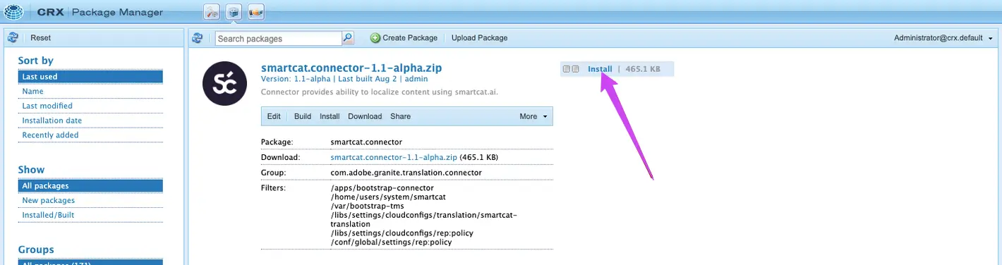 The Install option for the uploaded Smartcat connector package