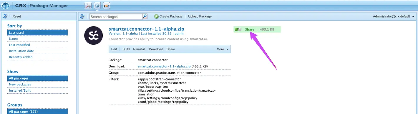 The Smartcat connector package listed as installed on the Packages screen