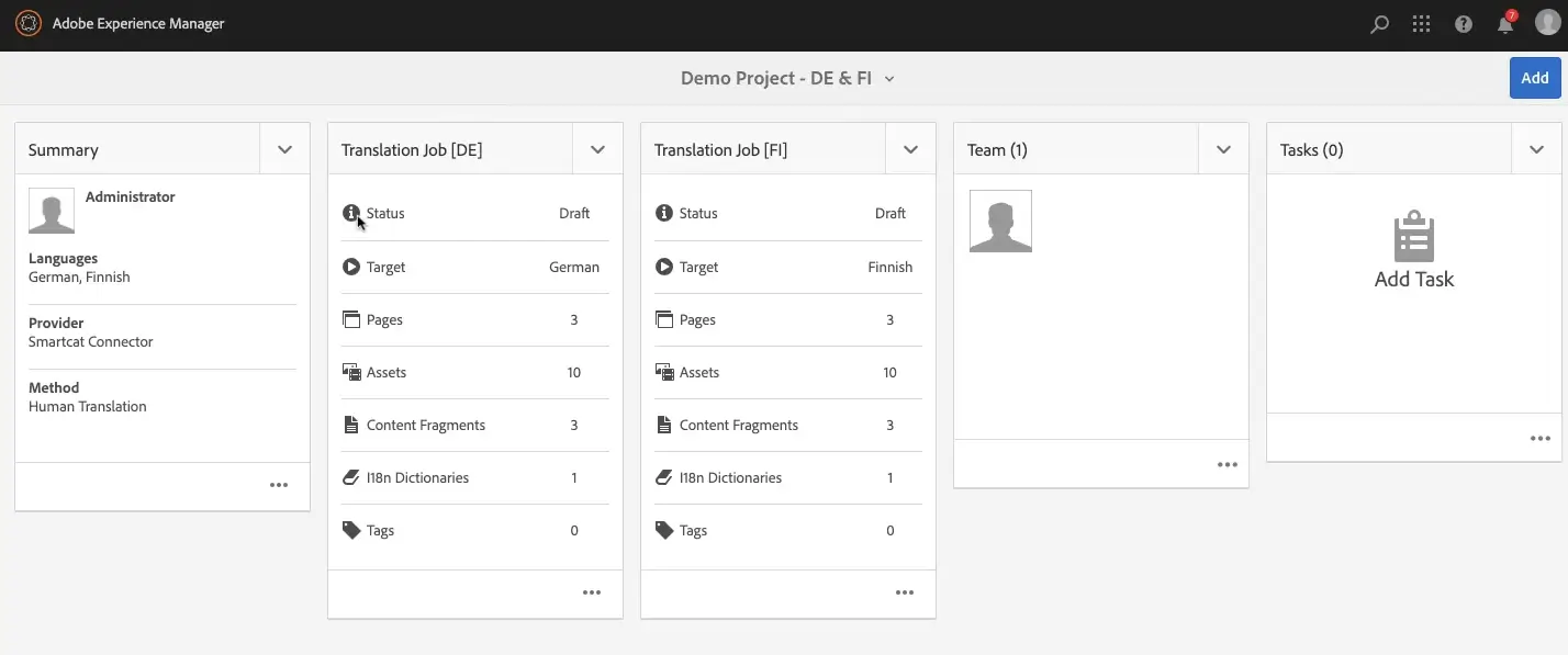 AEM project with one translation job per language