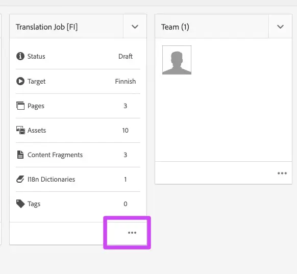 Translation job options accessed via the three-dots menu