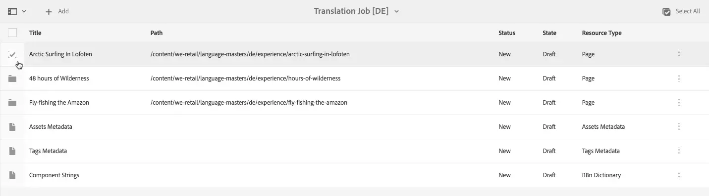 Content fragments shown as separate folders