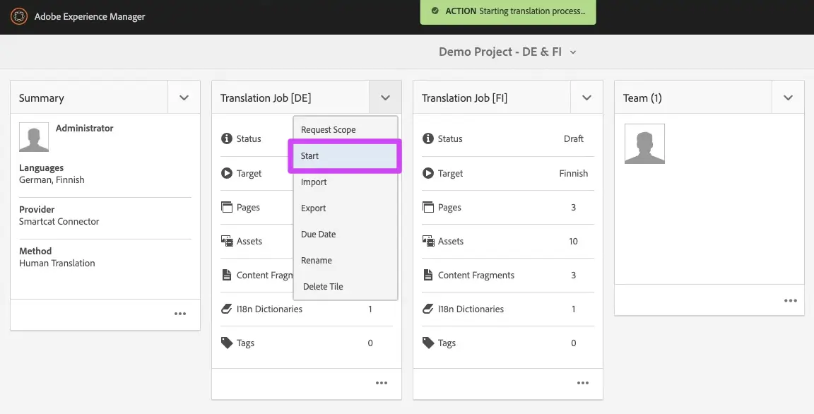 Context menu with the Start option for a translation job