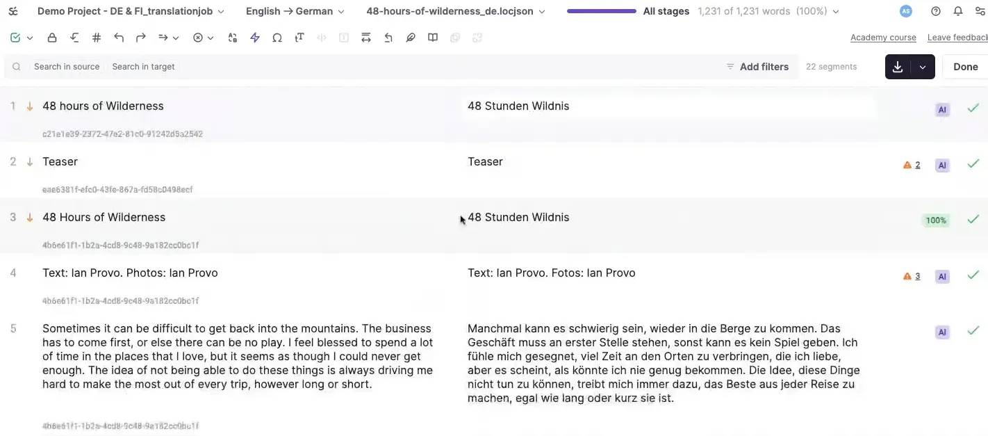 Smartcat Files tab with segments to confirm