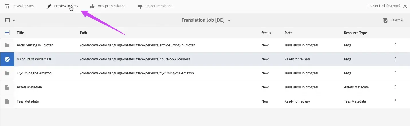 Job with the Preview in Sites action