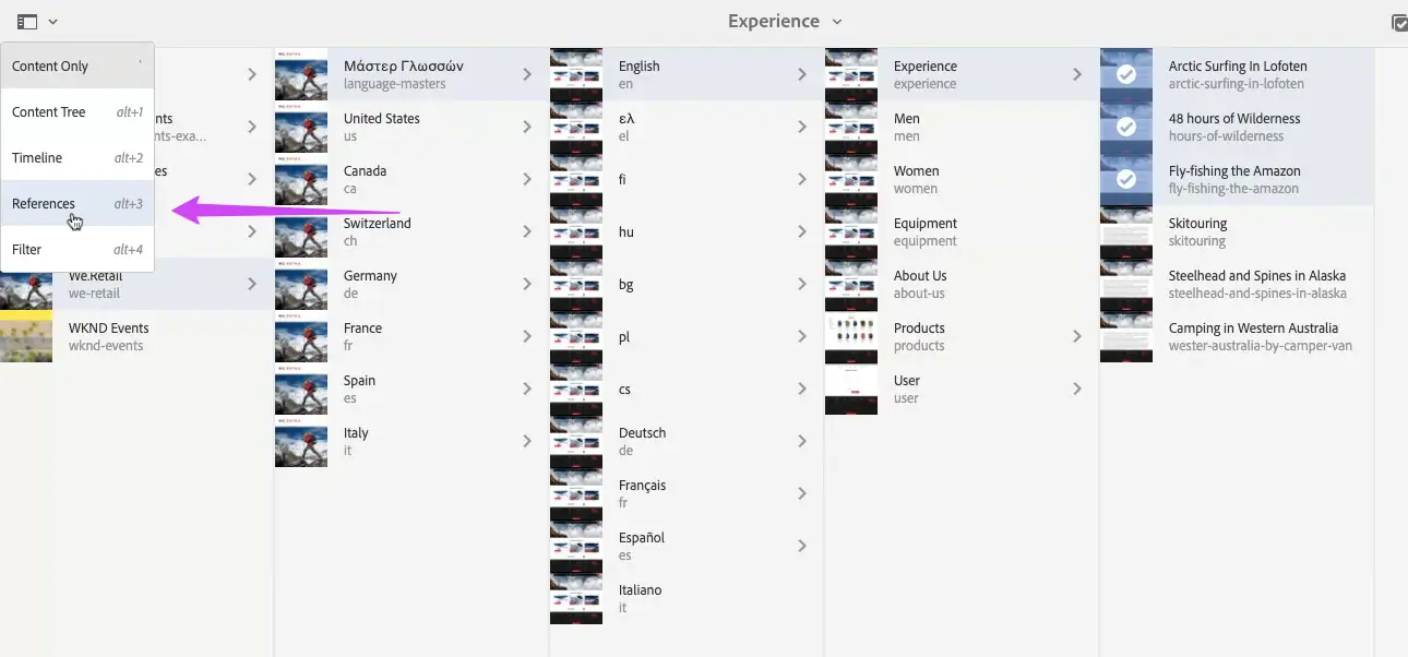 References option in the AEM Sites side panel