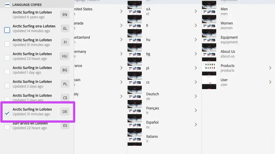 Language copies section in the sidebar