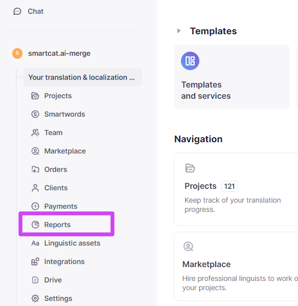 Reports button in the workspace sidebar