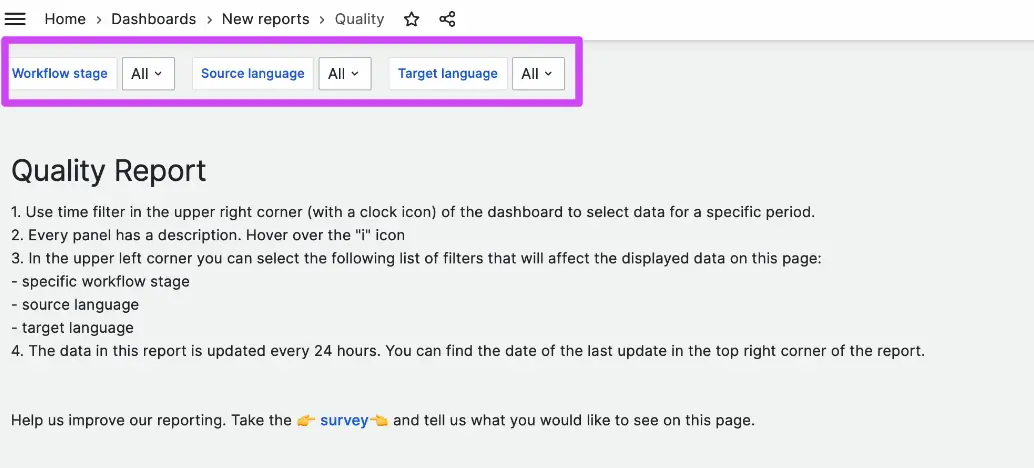 Report filters for workflow stage and languages