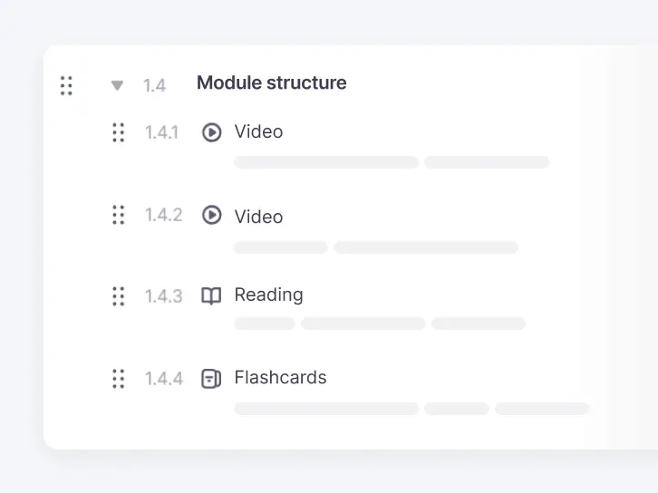 Course outline in Smartcat: a module with video, reading and flashcard lessons