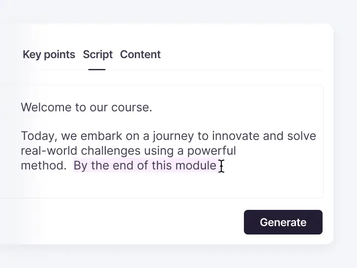 Lesson editor in Smartcat with key points, script and content tabs and a Generate button