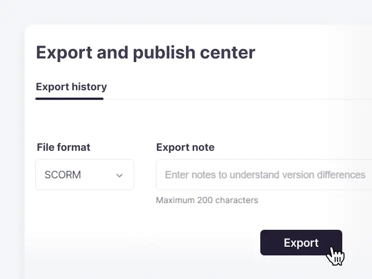 Export and publish center in Smartcat with SCORM selected as the file format