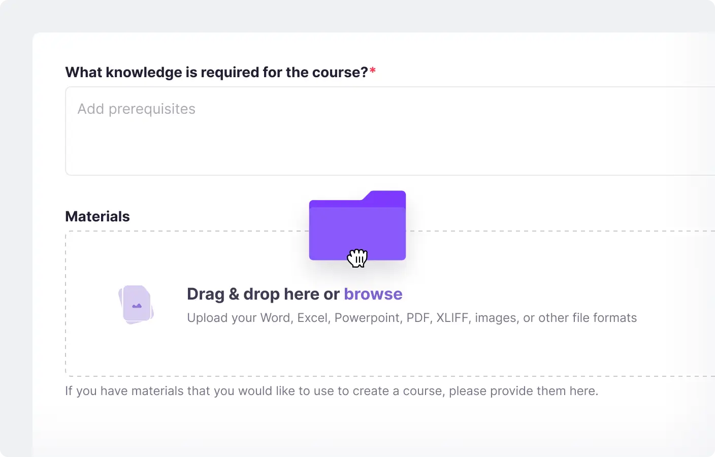 Smartcat’s course setup form with a Materials area for uploading Word, Excel, PowerPoint, PDF and XLIFF files