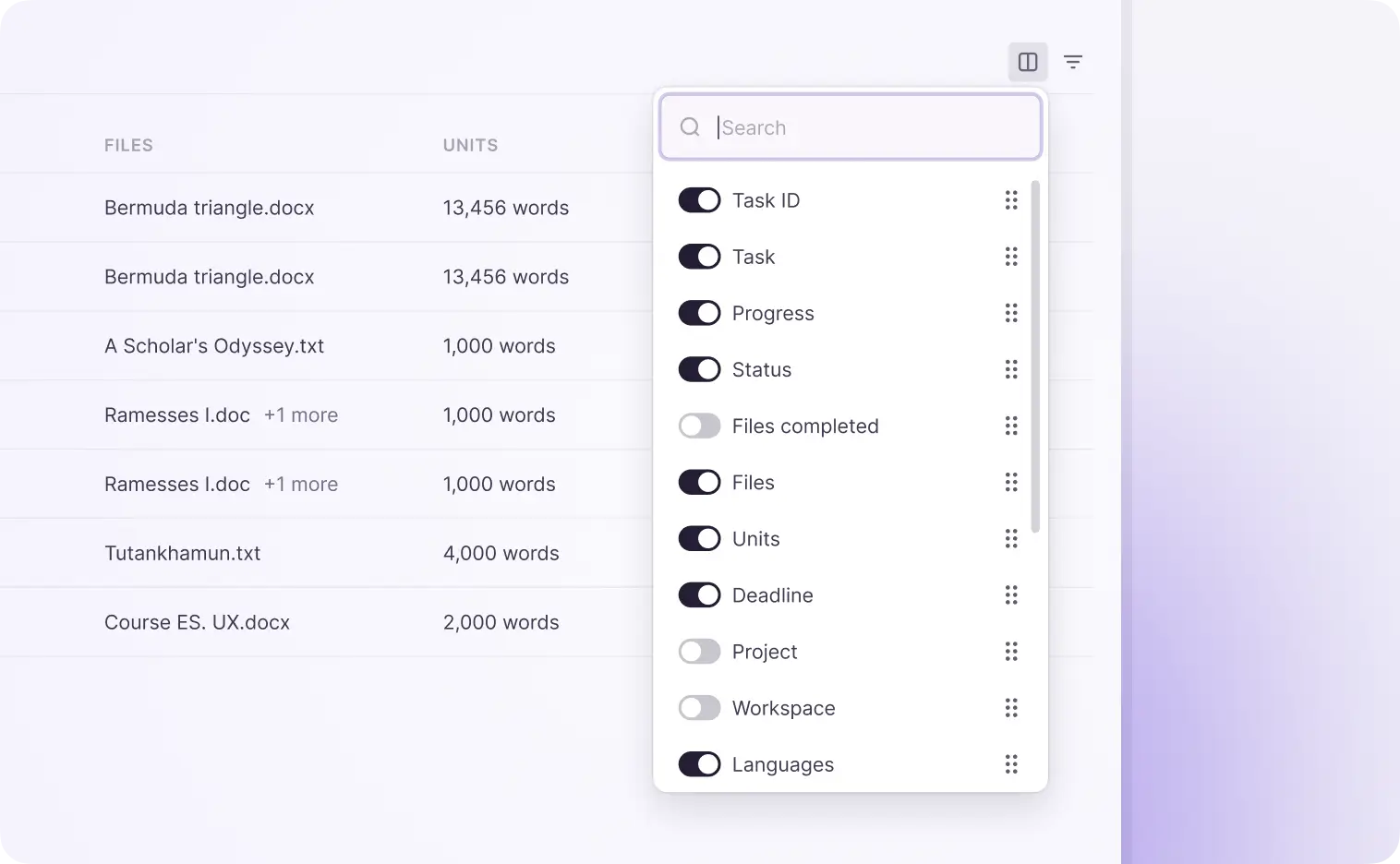 Customizable column views in the task table