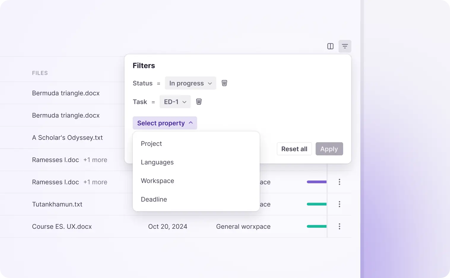 Advanced filtering options in the My Tasks interface
