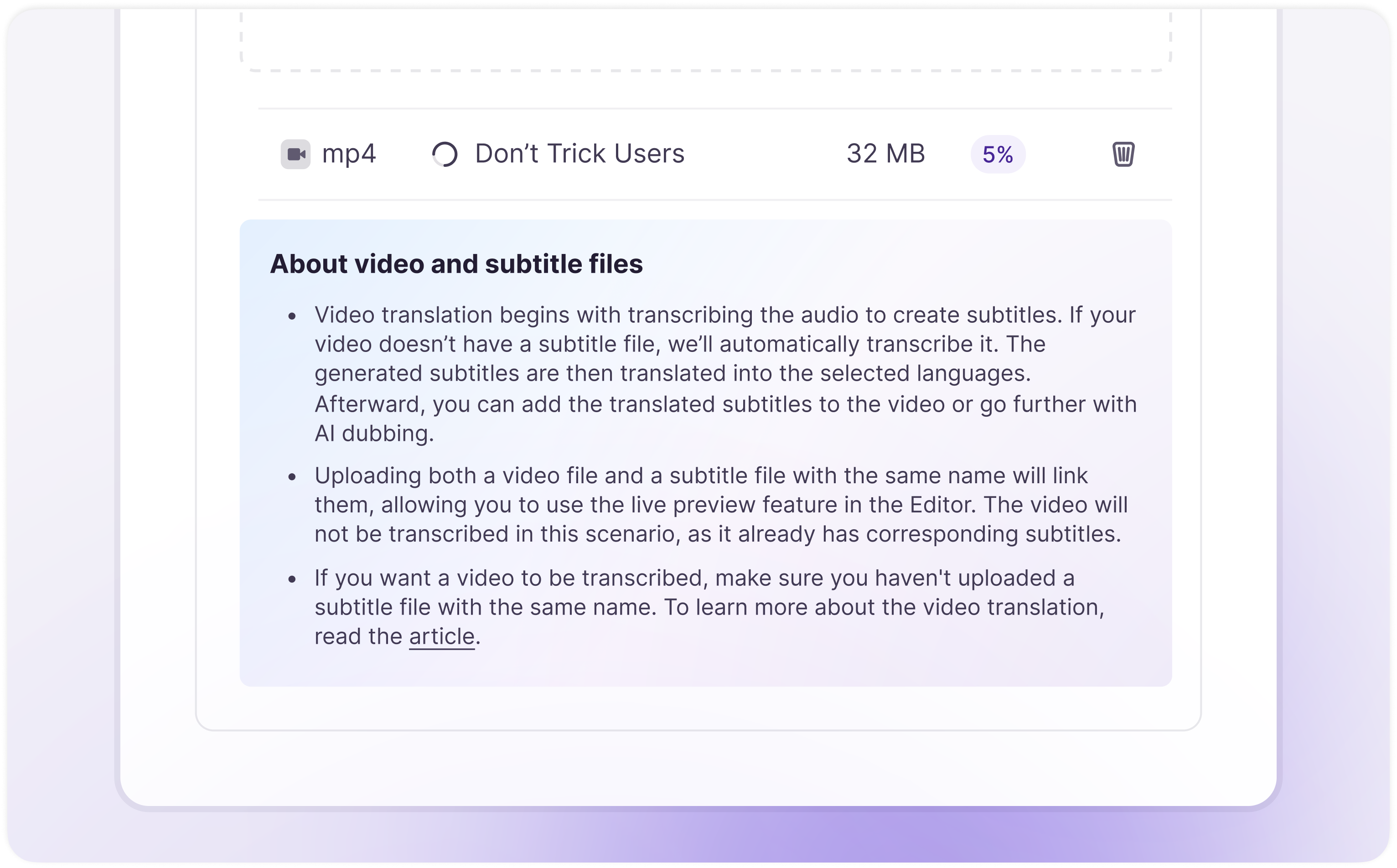 Project creation wizard for a video translation project