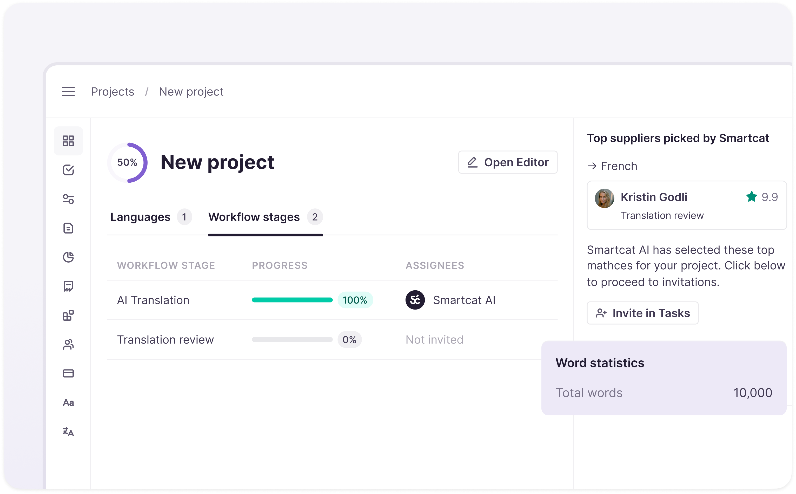 Project overview page showing analyzed files and word statistics