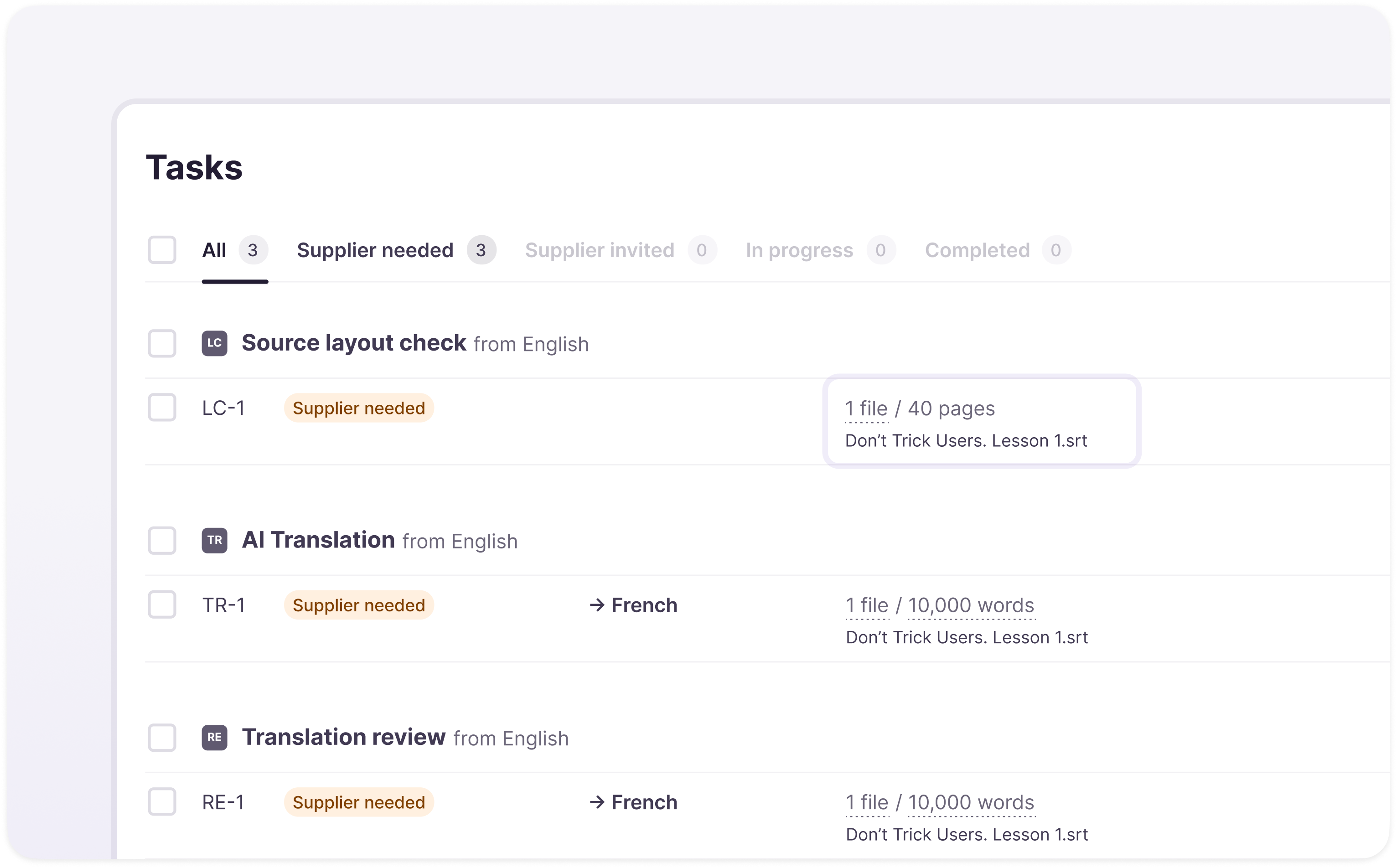 Task list showing the subtitle editing stage