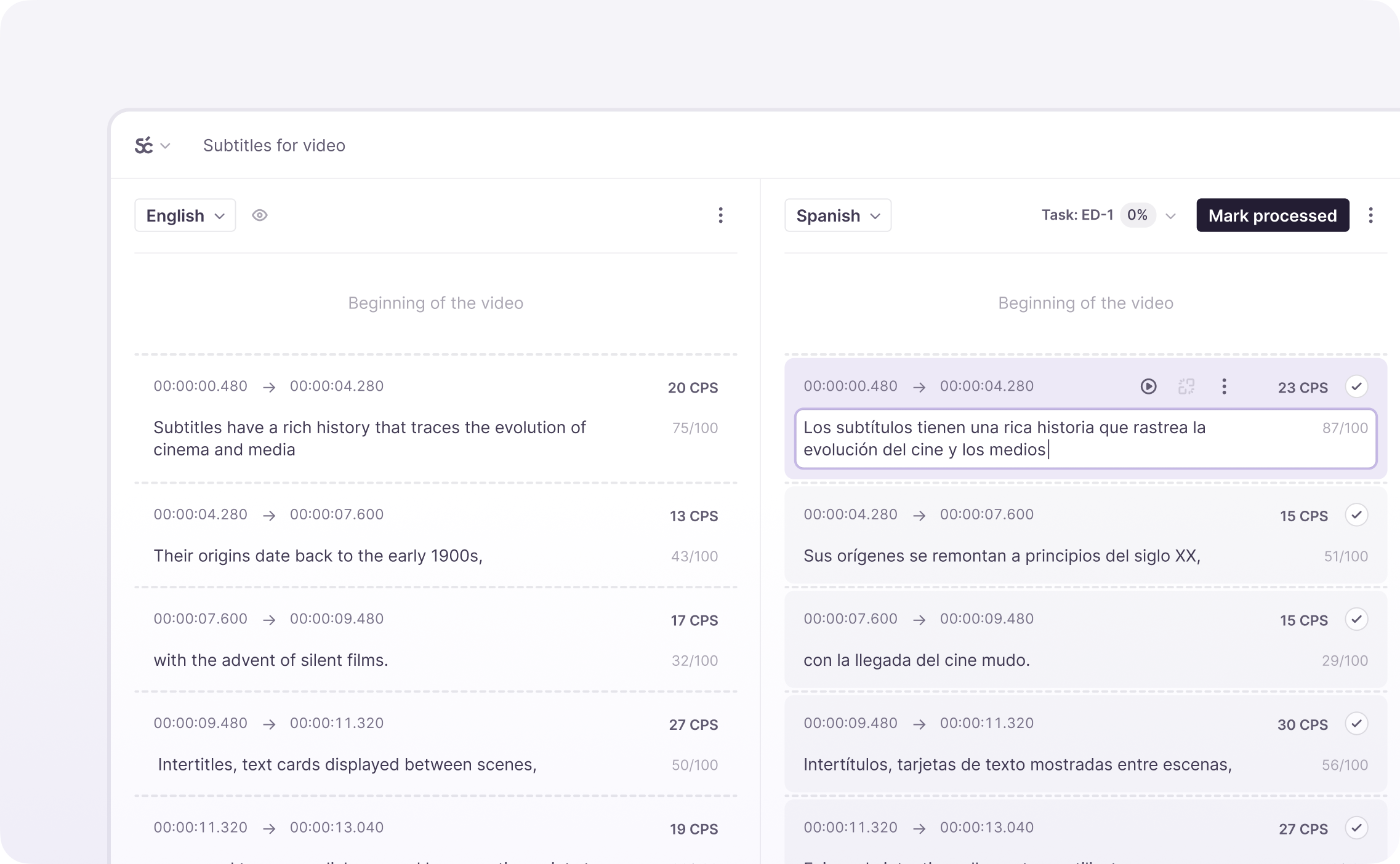 Editor showing source text and translation cues side by side