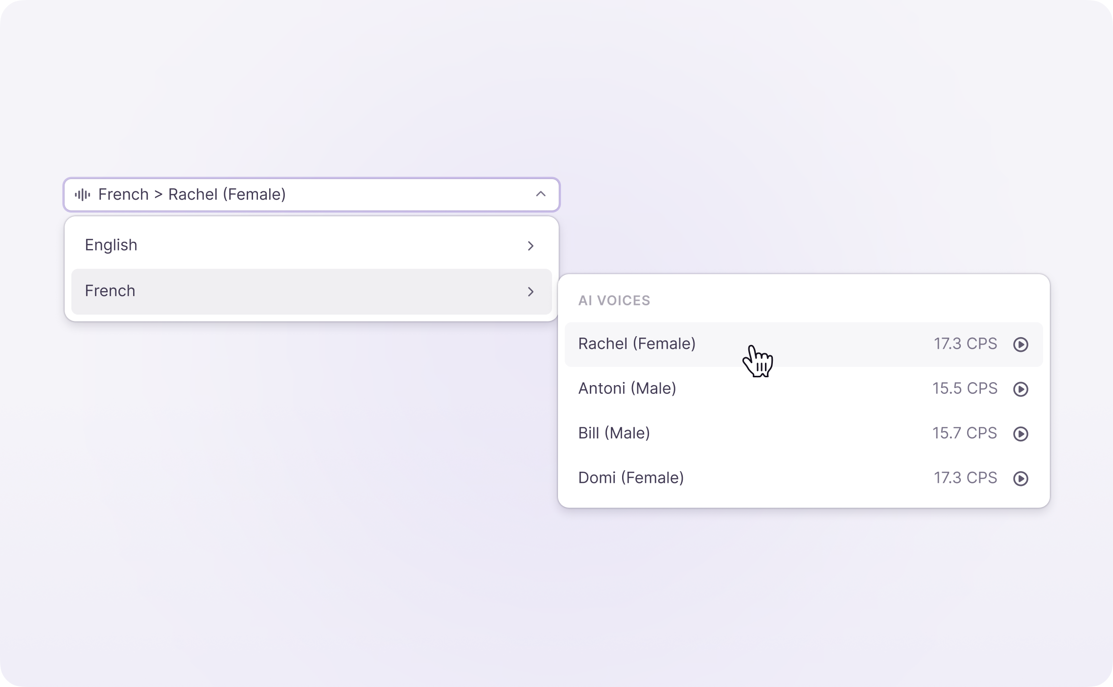 Language and AI voice selectors in the Preview section