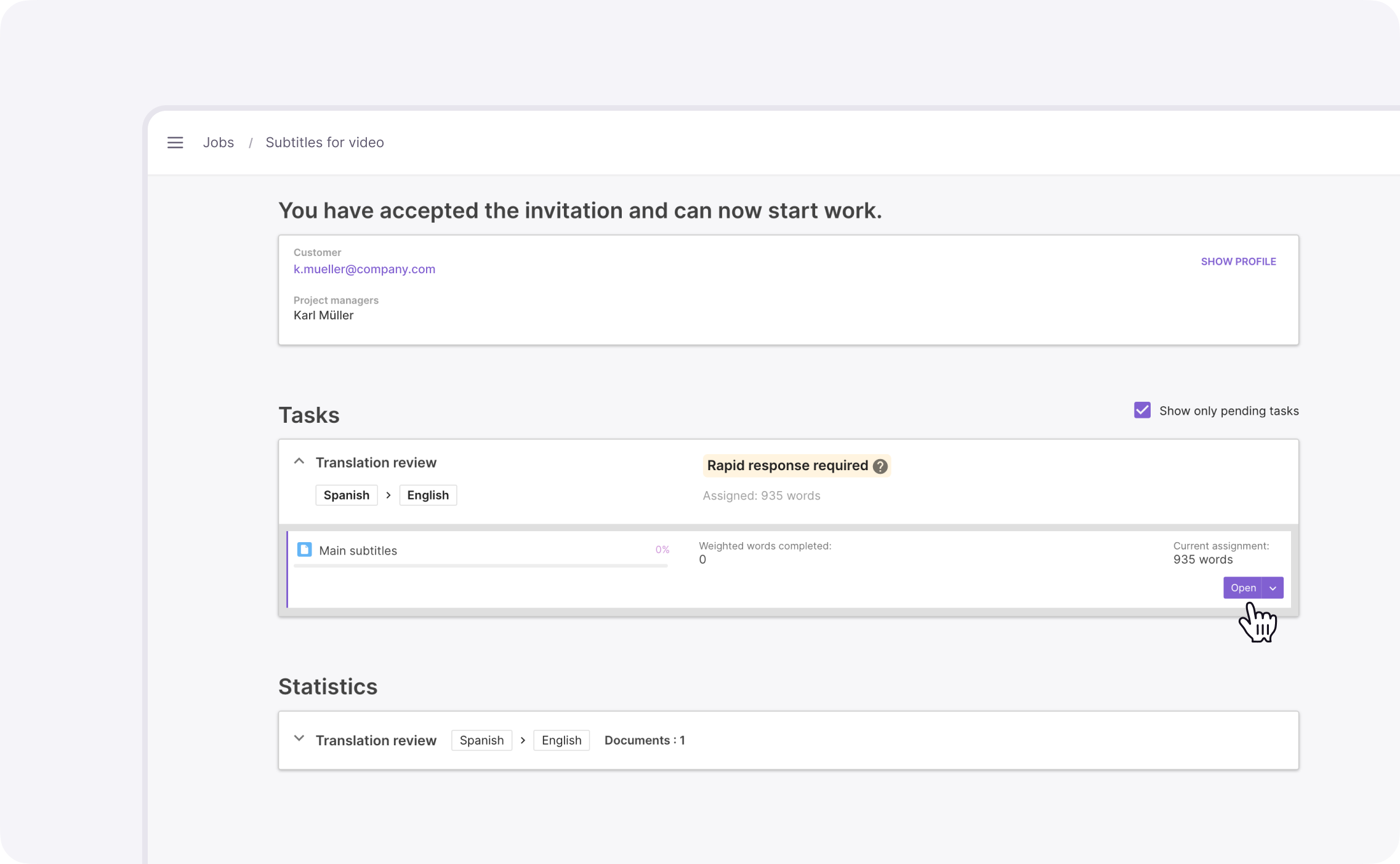 Task details showing the list of files linked to a translation task