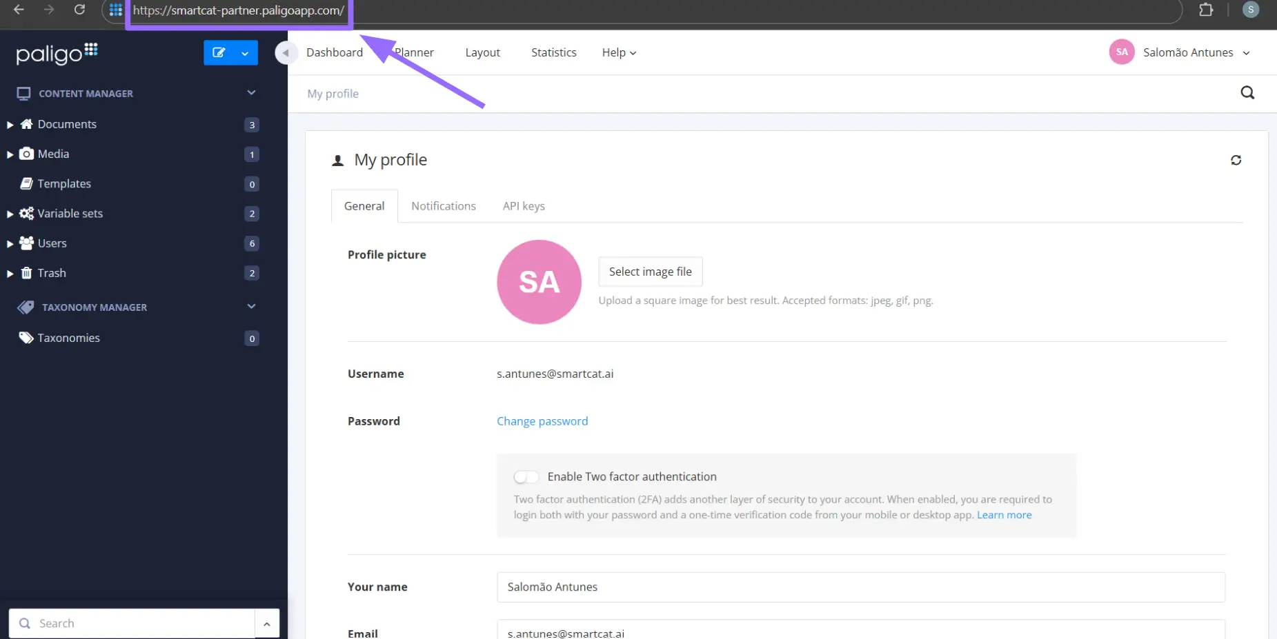 Browser address bar showing the Paligo account Base URL