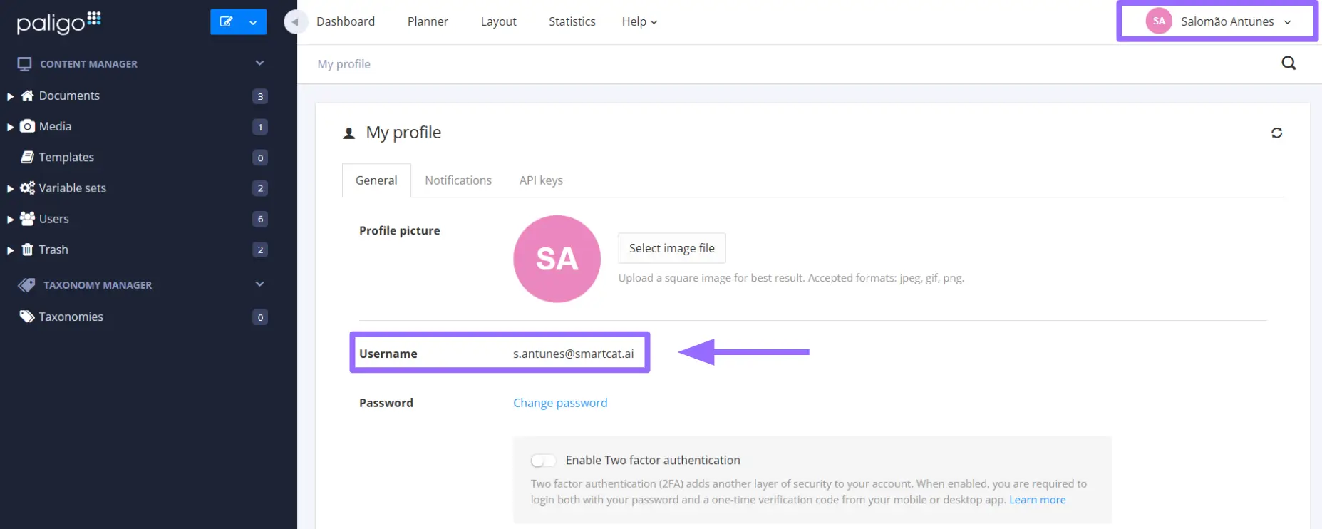 Paligo profile page showing the Username field