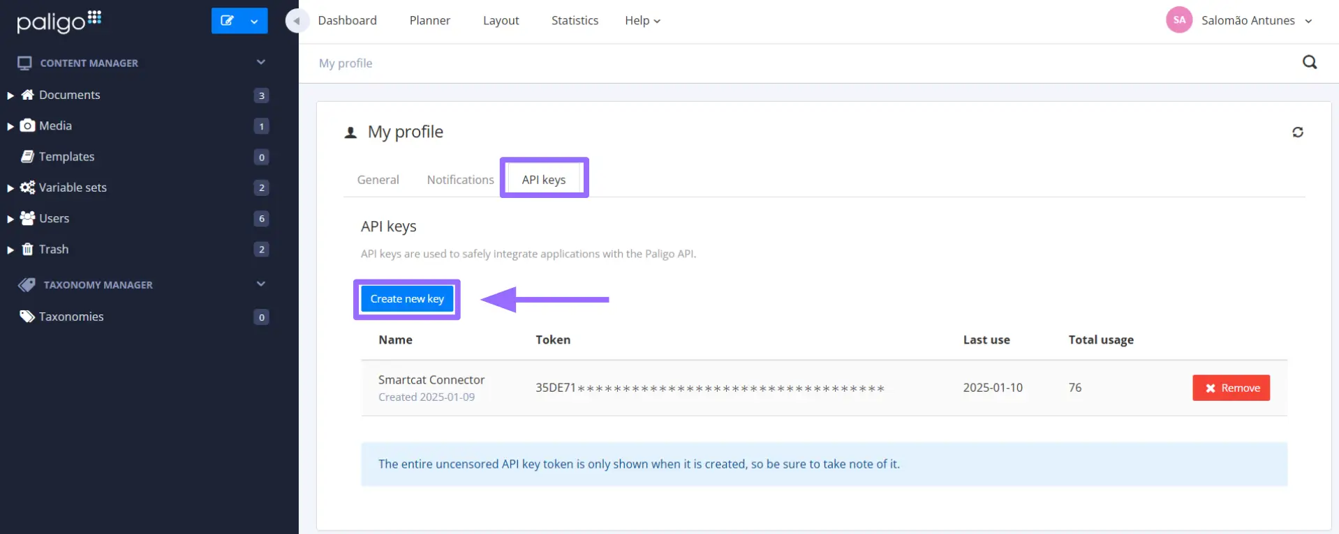 Paligo API Keys page with the Create new key button