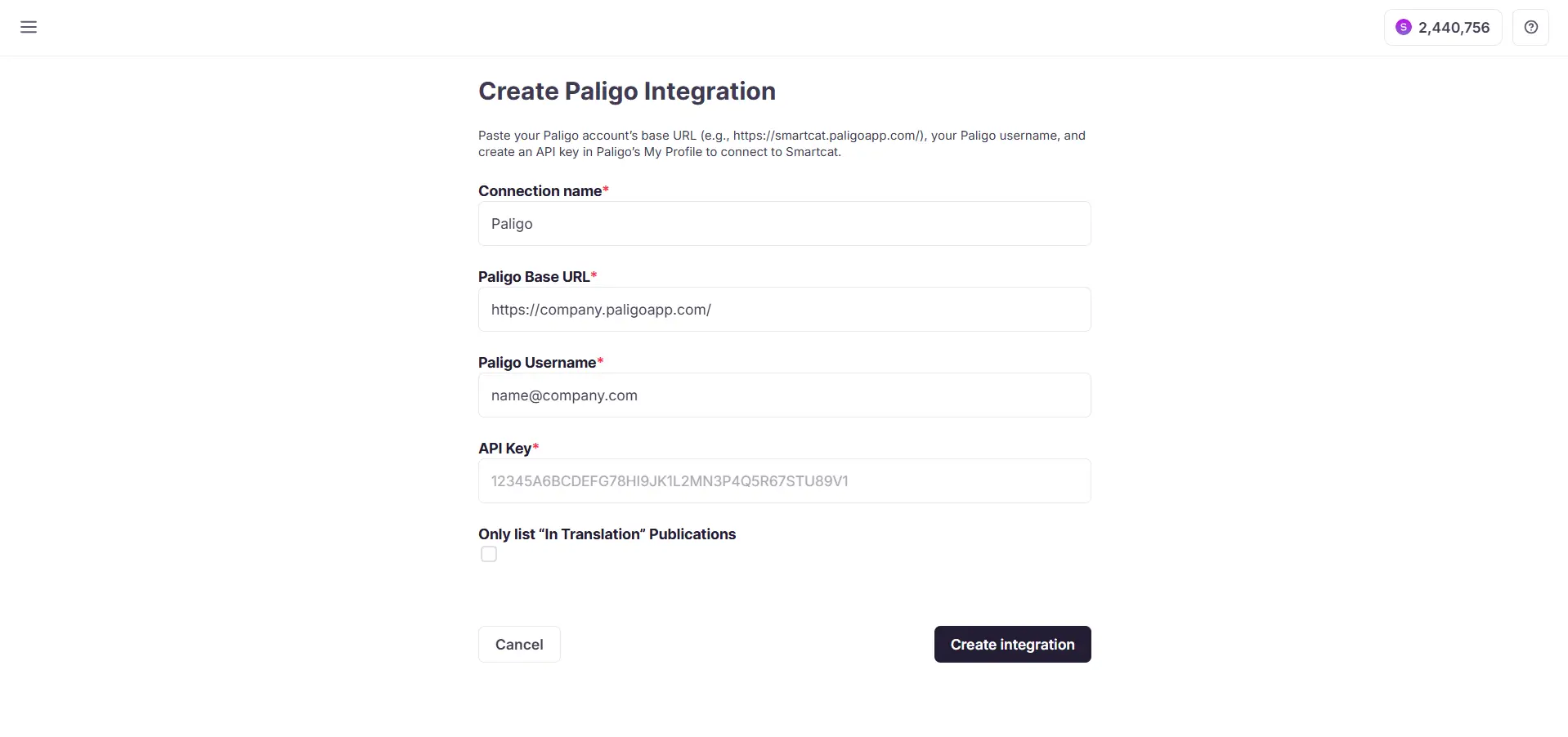 Smartcat Paligo integration setup form with Base URL, Username, and API Key fields