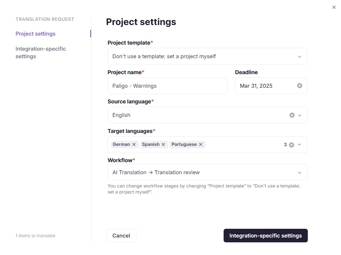 Project workflow selection screen