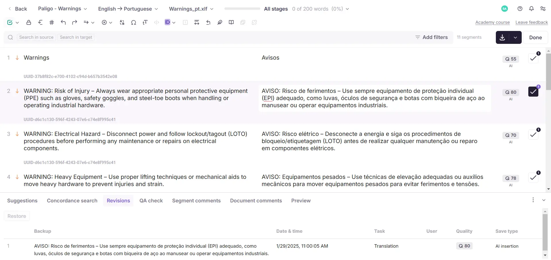 CAT editor showing content and its translation