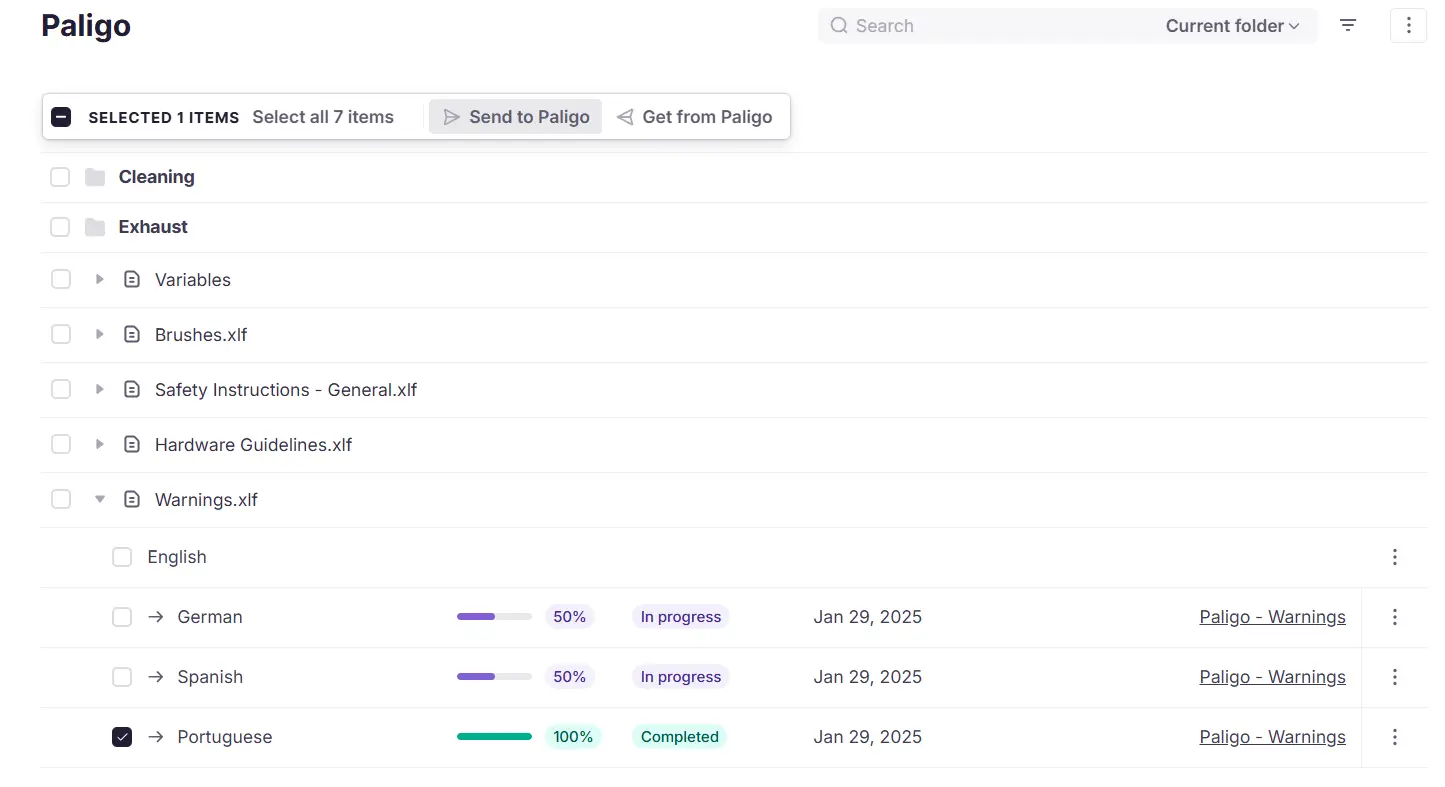 Send to Paligo button in the project view