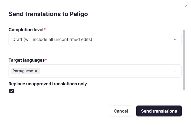 Send to Paligo dialog with Completion level and Target languages options