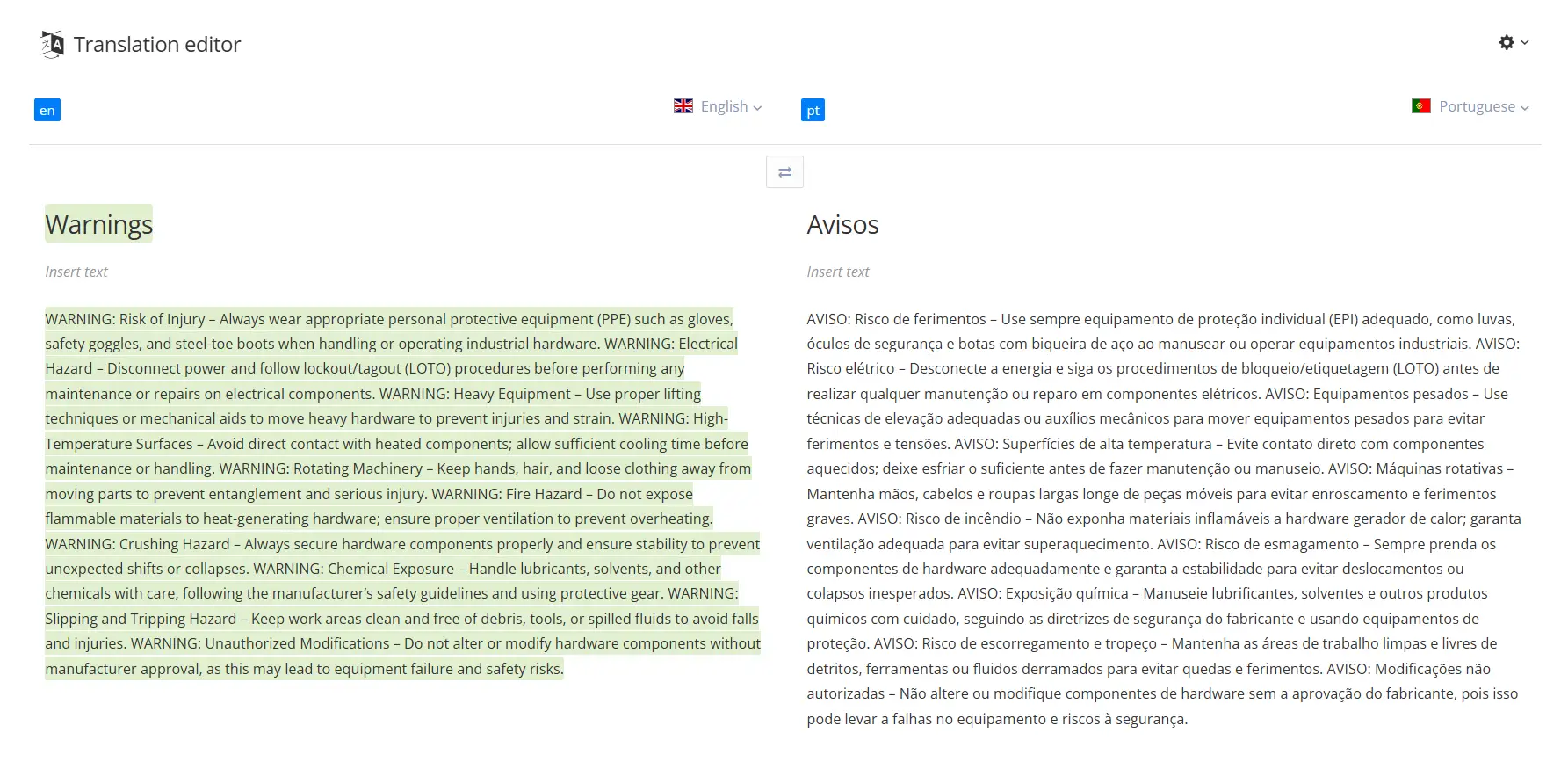 Translated content displayed in Paligo