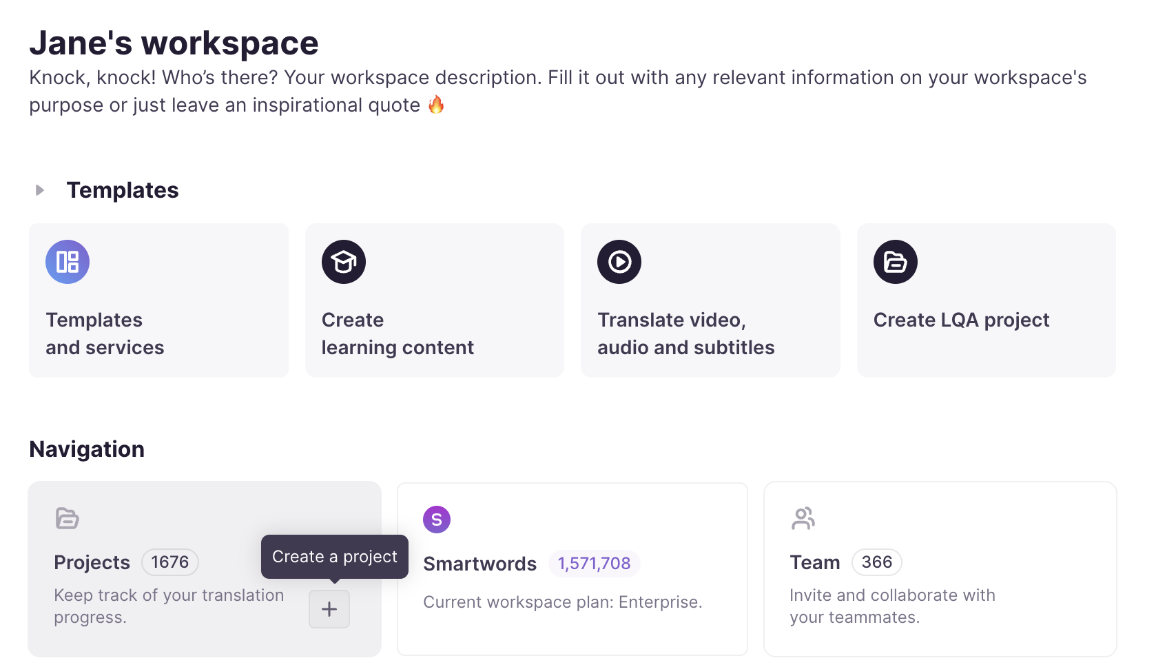 Create New Project button in the Smartcat dashboard