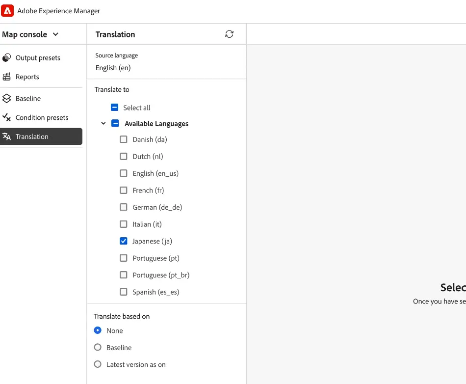 Translation settings and language selection in the Map Console